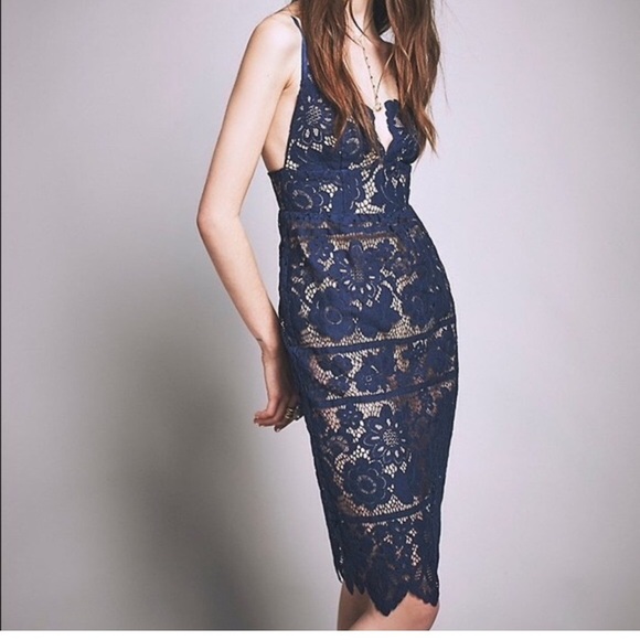 For Love & Lemons NEW Gianna Blue Lace Midi Dress - Picture 1 of 8